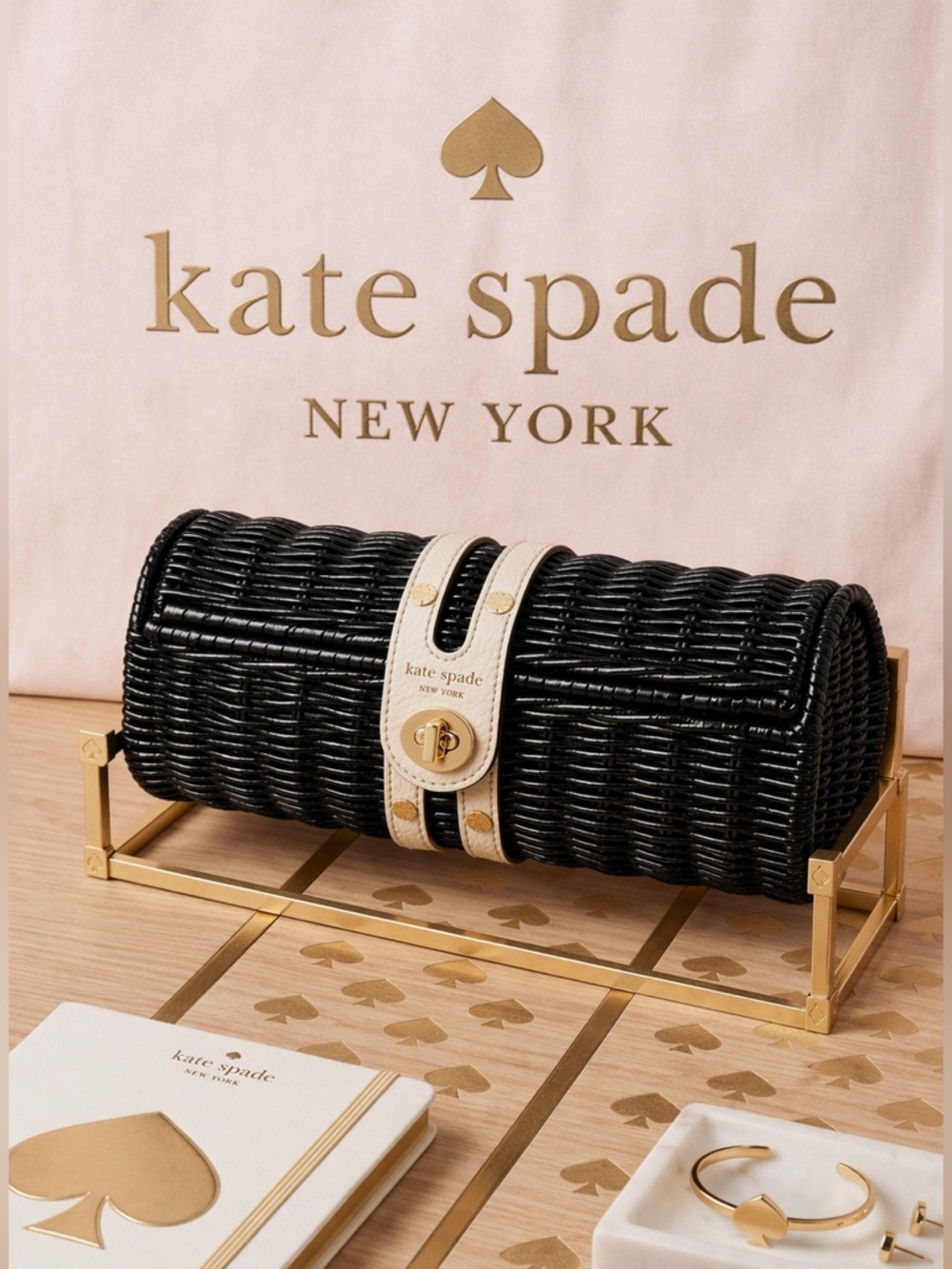 Vintage Kate Spade Black Wicker White Cream Leather Clutch Purse
Handbag
